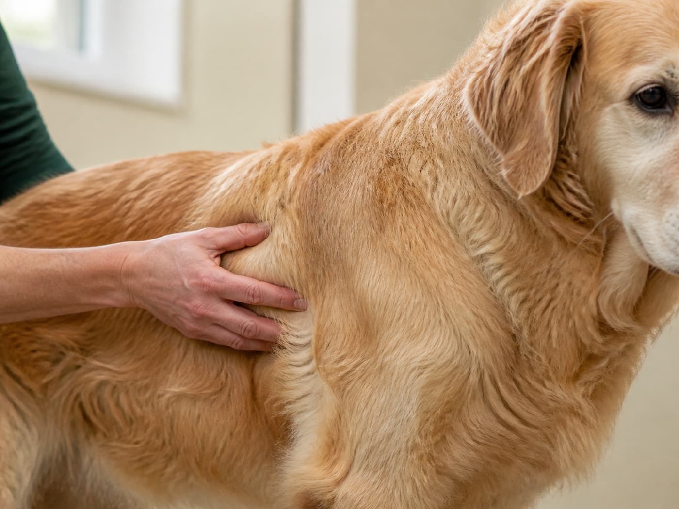 A senior dog having body and muscle condition assessed