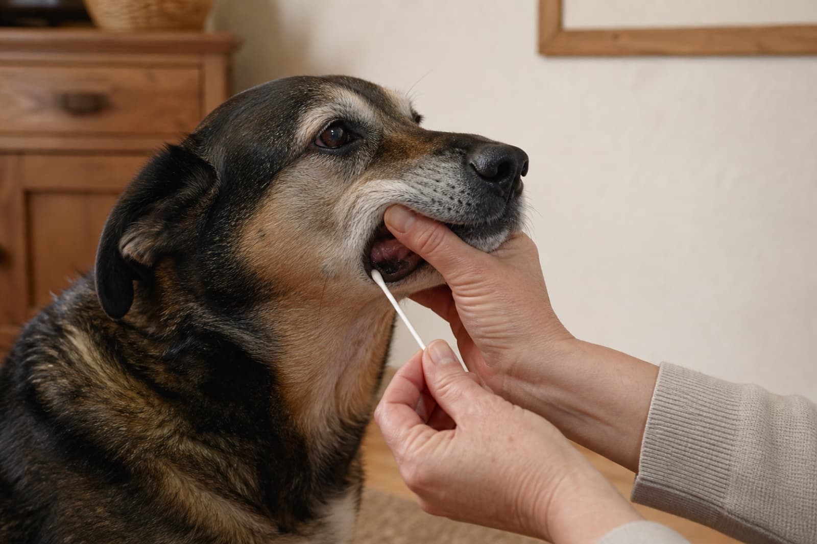 A dog having a cheek-swab DNA sample collected at home