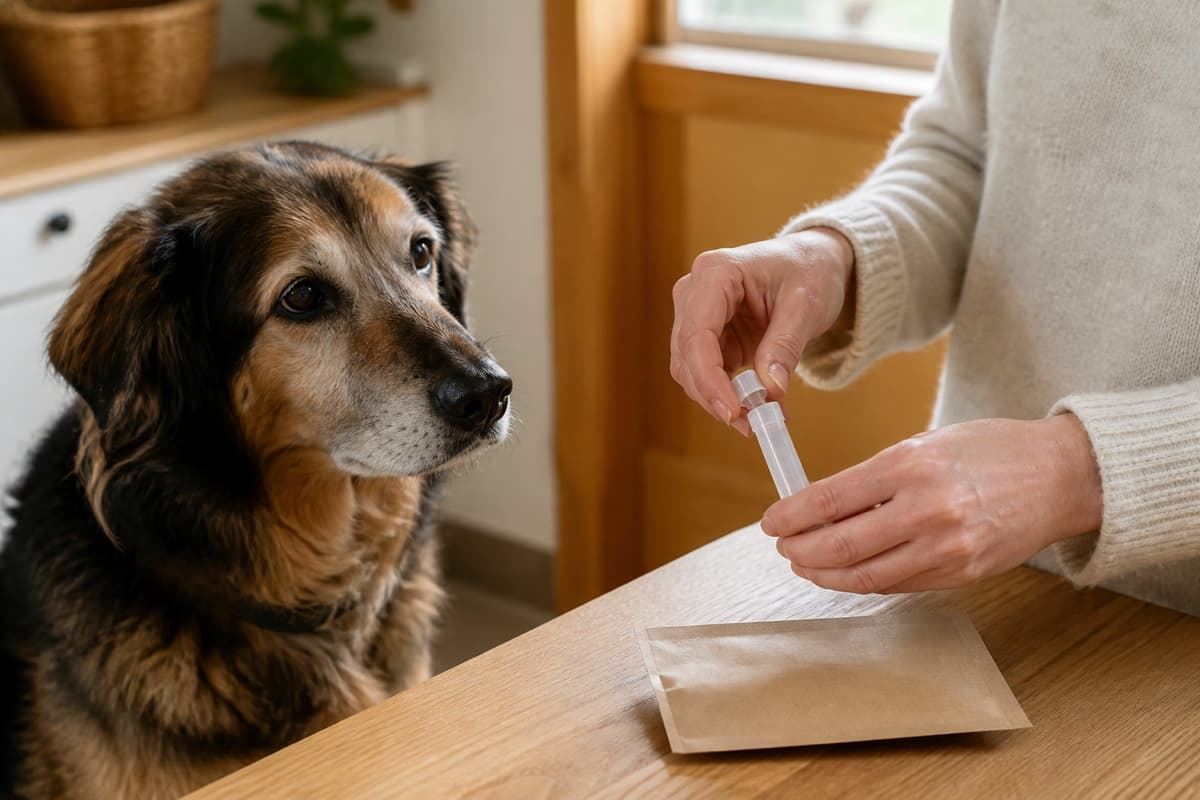 A senior dog beside an at-home stool sample collection kit