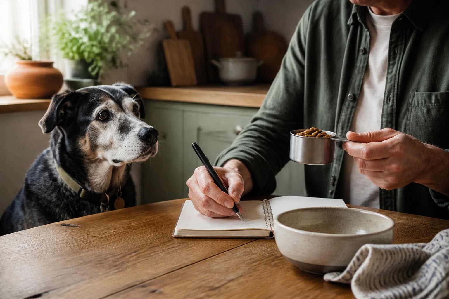 Dog owner measuring food and recording notes beside a senior dog