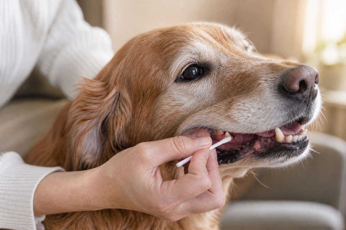 An older dog having a gentle at-home gum swab collected