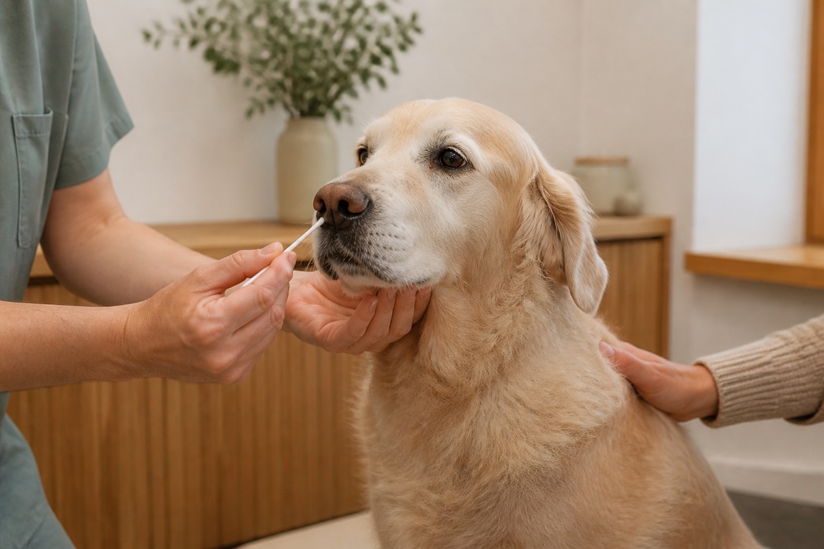 A veterinarian collecting a gentle swab sample from an older dog